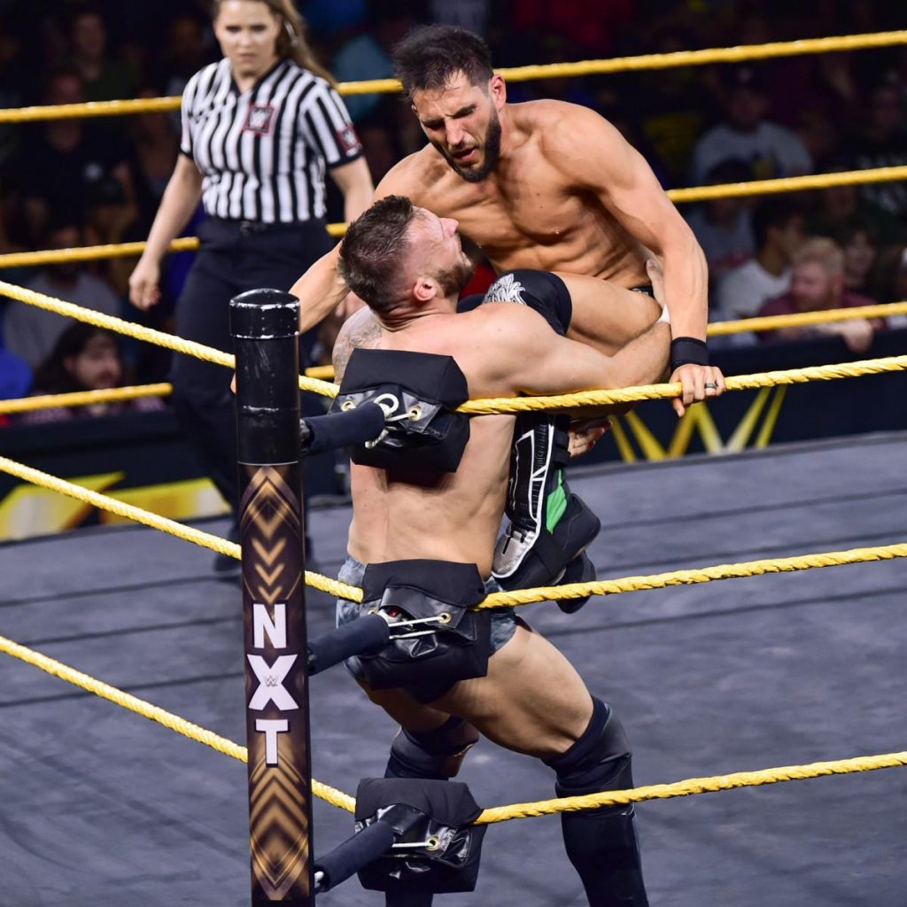 Johnny Gargano knees Shane Thorne into the corner