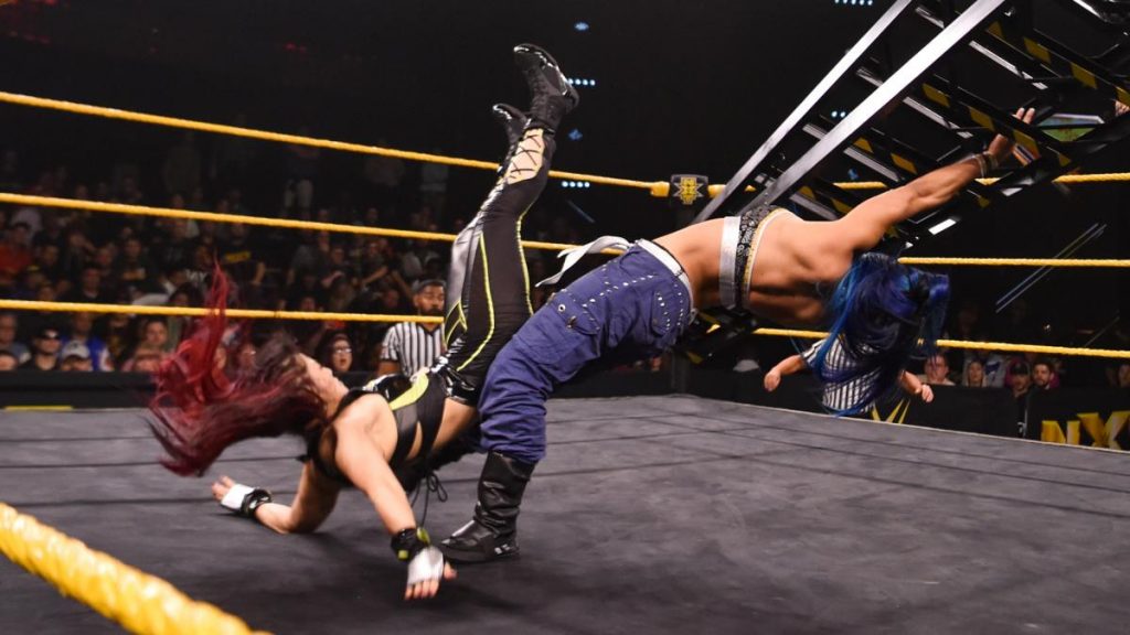 Mia Yim get a ladder kicked into her face by Io Shirai