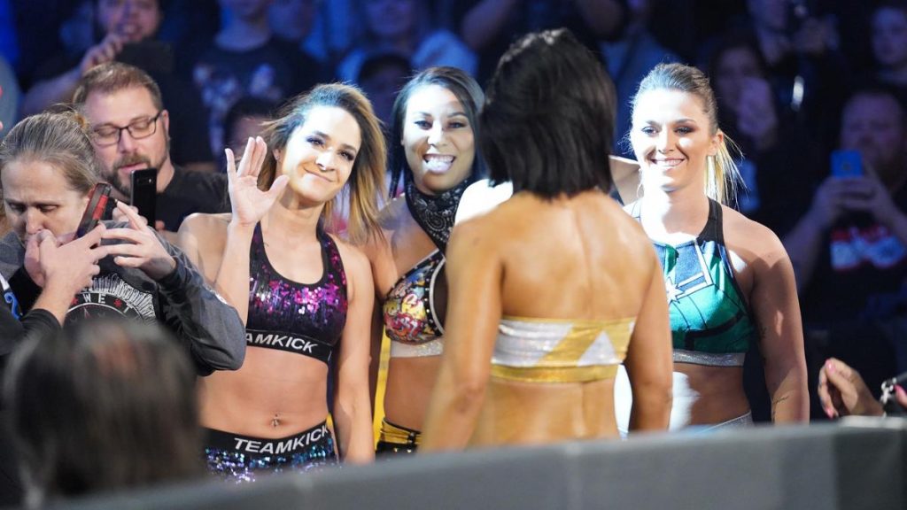 Dakota Kai, Mia Yim, Rhea Ripley and Tegan Nox confront halt Bayley's escape