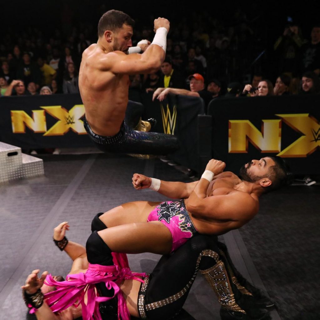 Breezango double teams a Singh Brother