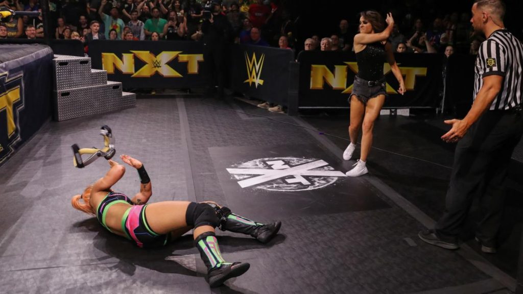 Dakota Kai throws knee brace at Tegan Nox after eliminating Nox from the battle royal