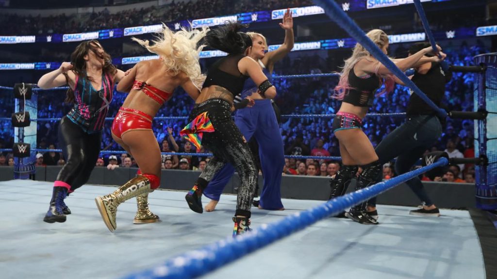 Lacey Evas, Mady Rose, Sonya Deville, Nikki Cross, Alexa Bliss, and Bayley brawl