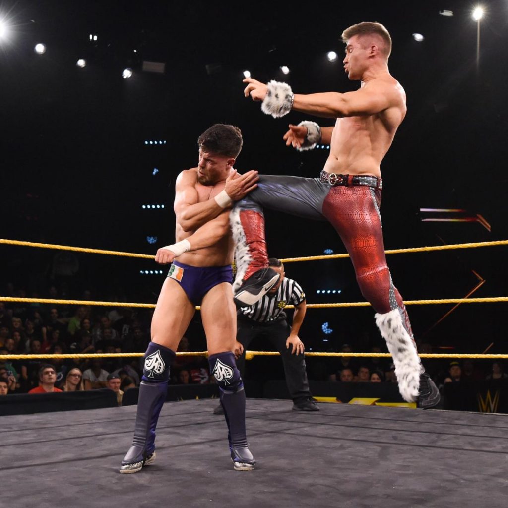 Tyler Breeze knees Jordan Devlin in the face