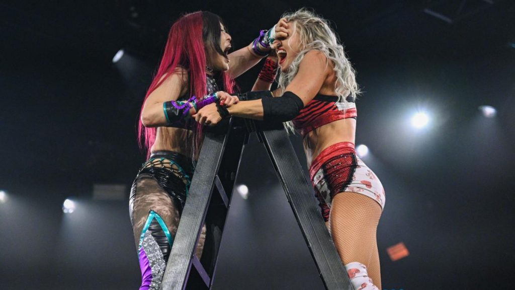 Is Shirai rakes Candice LeRae's eyes at the top of the ladder