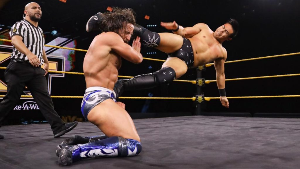 Jake Atlas kicks Tony Nese in the head