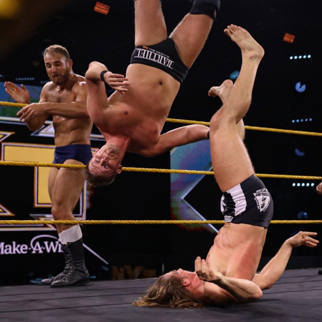 Matt Riddle accidentally flips Mercel Barthel into Timothy Thatcher