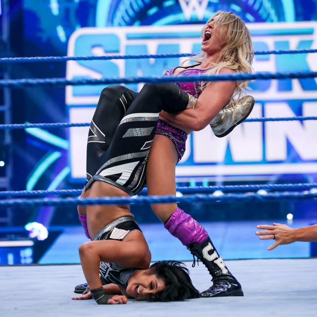 Charlotte Flair with Bayley in a Boston Crab