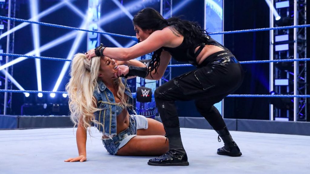 Sonya Deville trash talks Mandy Rose while holding her by the hair