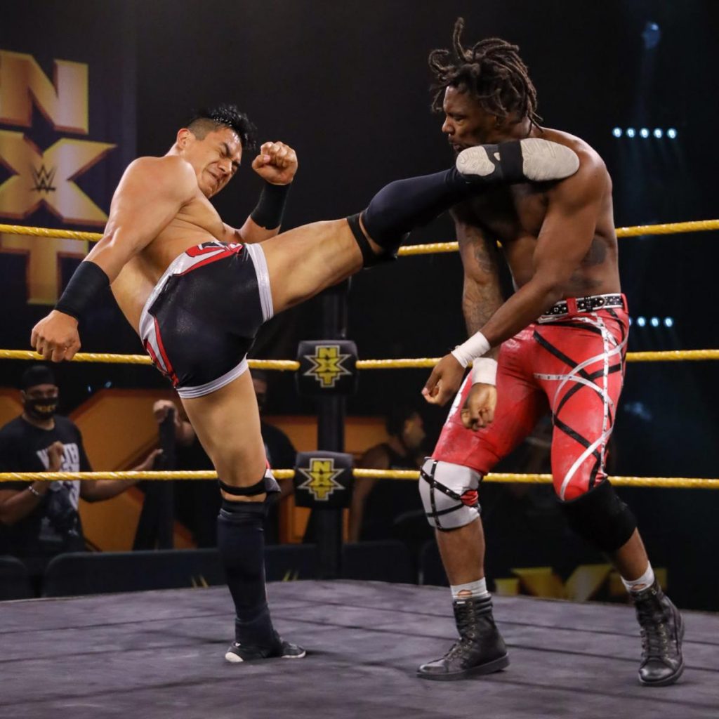 Jake Atlas kicks Isaiah 'Swerve' Scott in the head