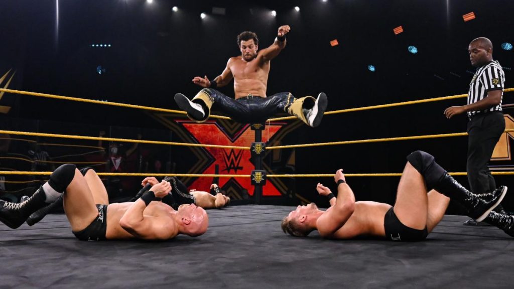 Fandango delivers the double leg drop to give Breezango their first title win