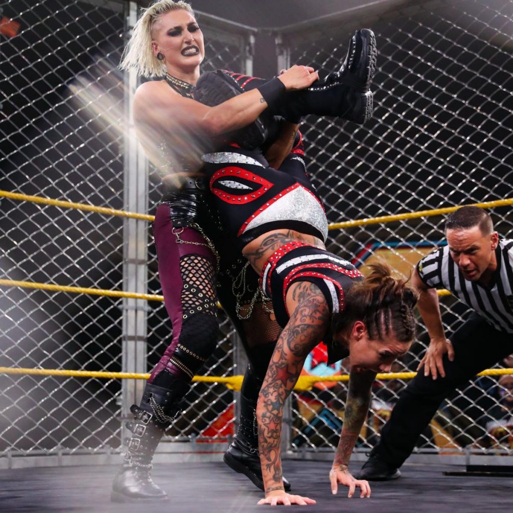 Rhea Ripley with Mercedes Martinez in the Prism Drop