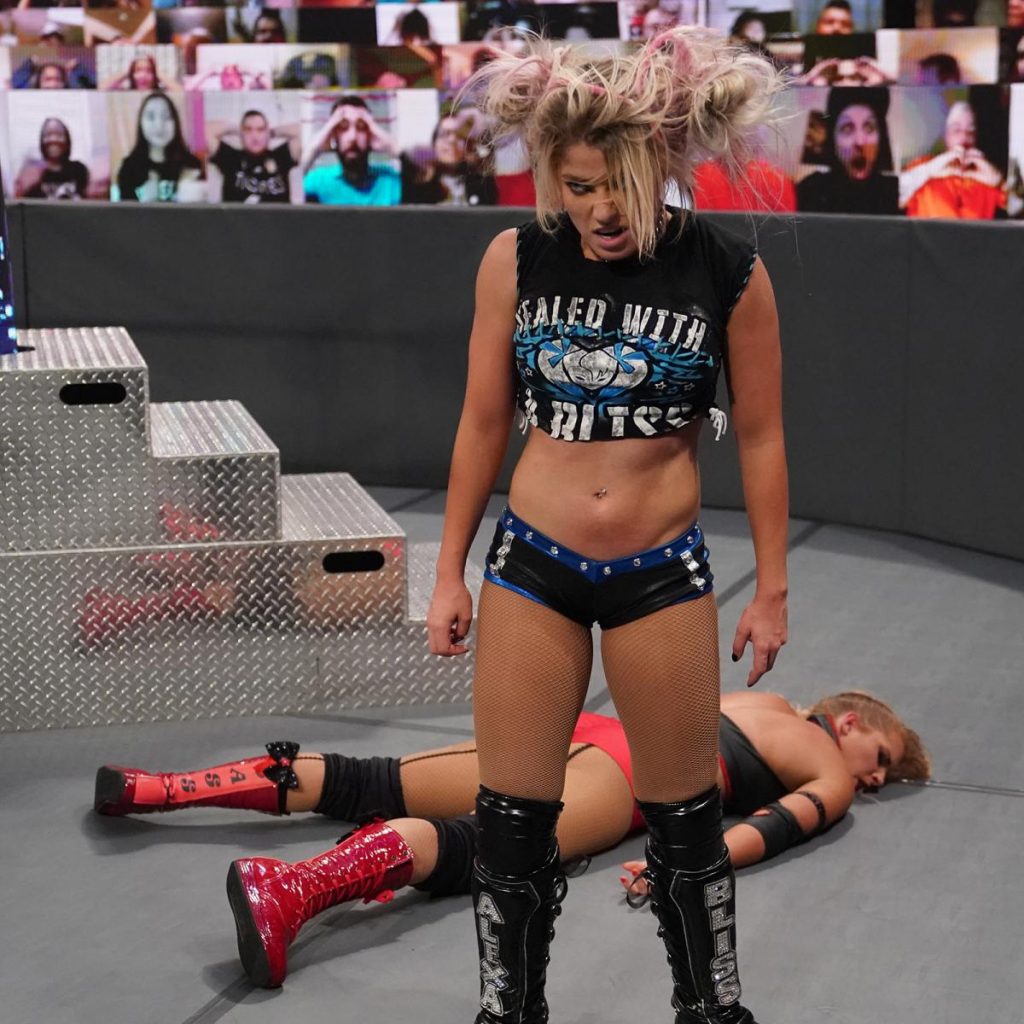 Alexa Bliss is wild-eyed after dropping Lacey Evans with a Sister Abigail