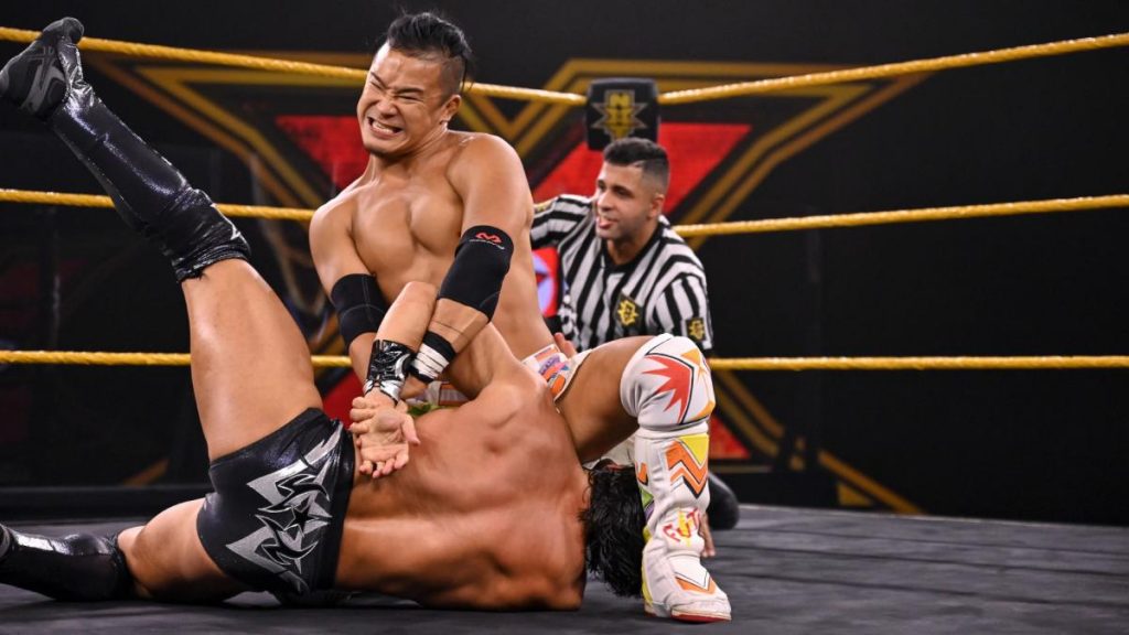 Kushida with Tony Nese in the Hoverboard Lock