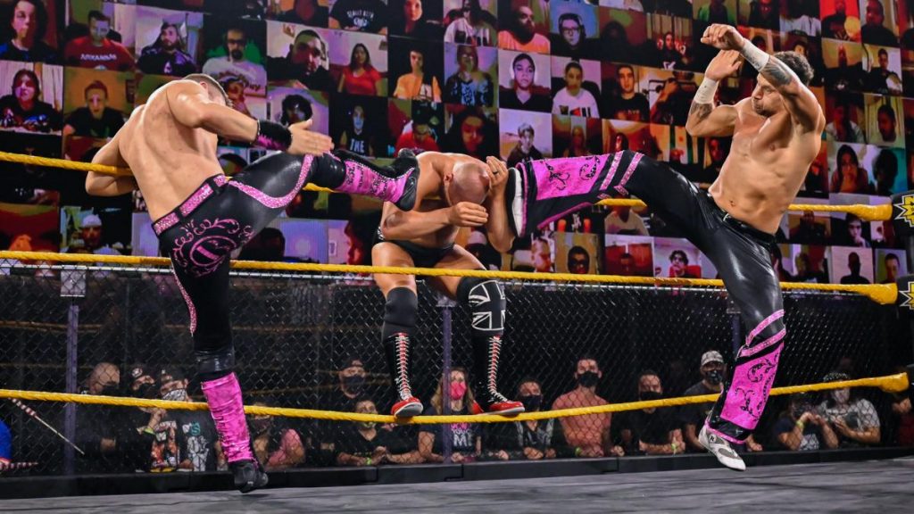 Breezango give Danny Burch perfectly synchronised kicks in the head