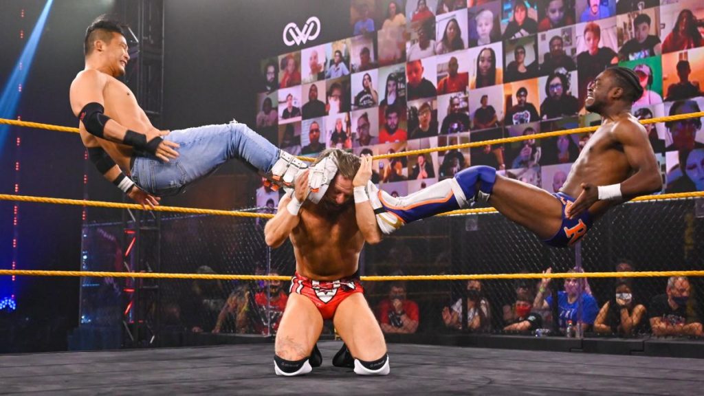 Kushida and Leon Ruff tandem dropkick James Drake's head from either side