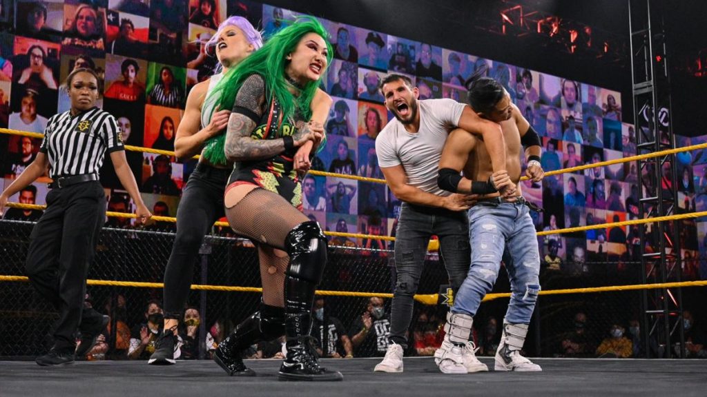 Shotzi Blackheart and Kushida do simultaneous damage to Candice LeRae and Johnny Gargano's arms