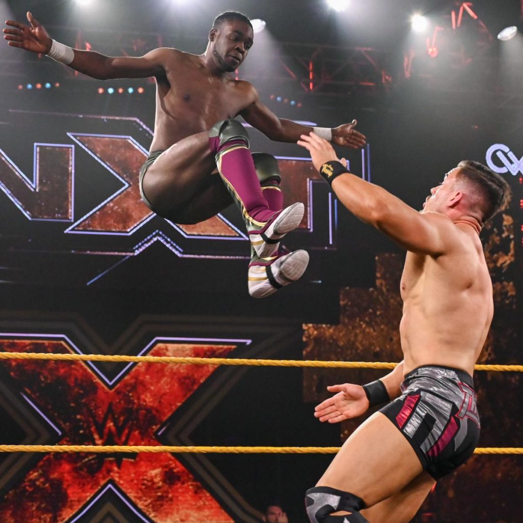 Leon Ruff dropkicks Austin Theory