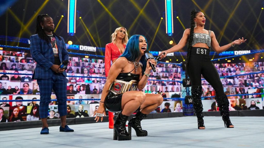 Sasha Banks, Reginald, Carmella, and Bianca Belair