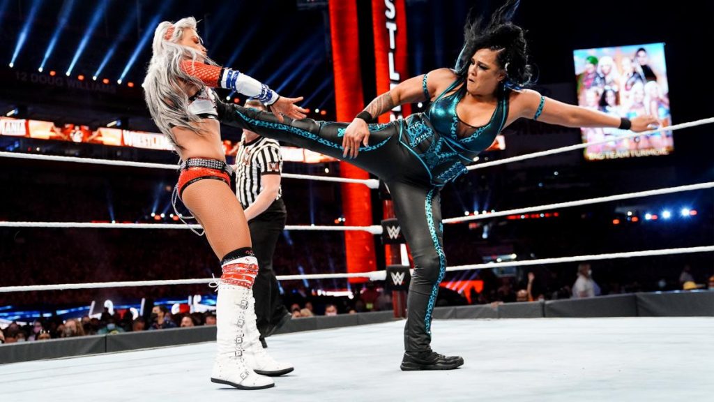 Tamina kicks Liv Morgan in the WrestleMania tag team turmoil