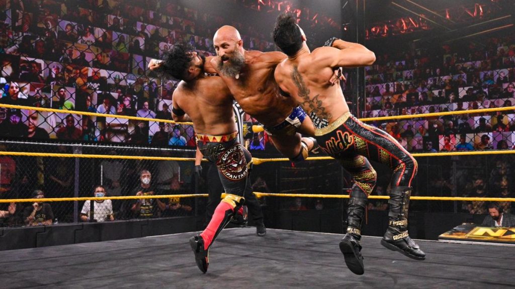 Tommaso Ciampa double clotheslines Raul Mendoza and Joaquin Wilde
