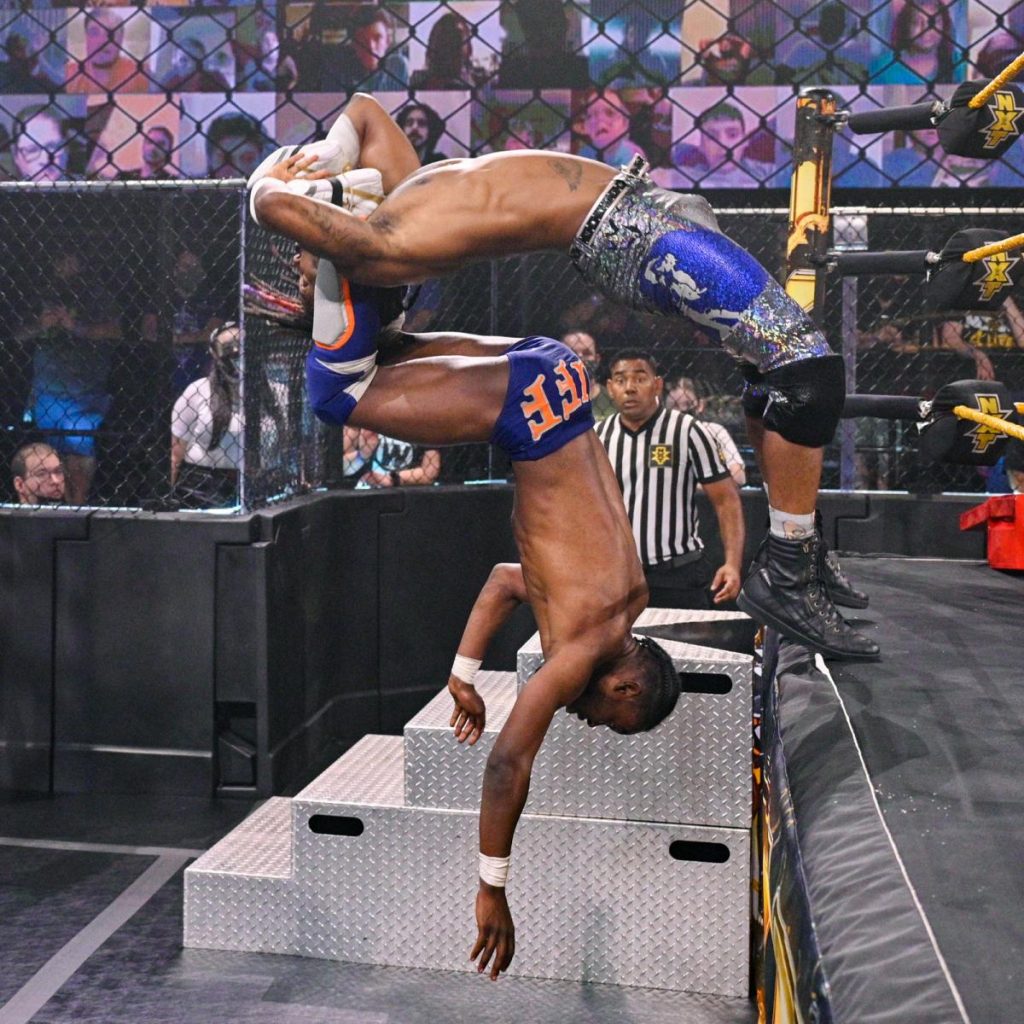 Leon Ruff hurricanranas Swerve off the apron tot he floor