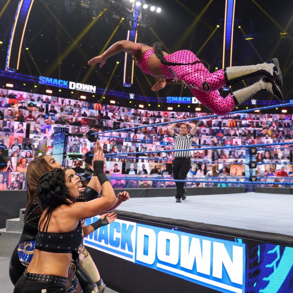 Bianca Belair flies onto Nia Jax, Shayna Baszler, and Bayley