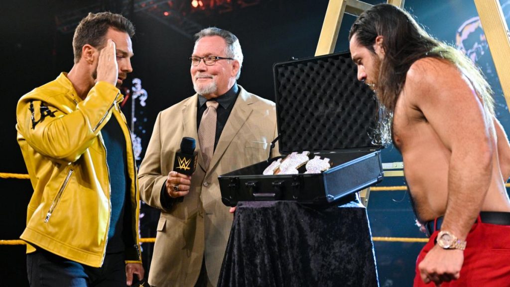 Ted Dibiase shows LA Knight and Cameron Grimes the Million Dollar belt