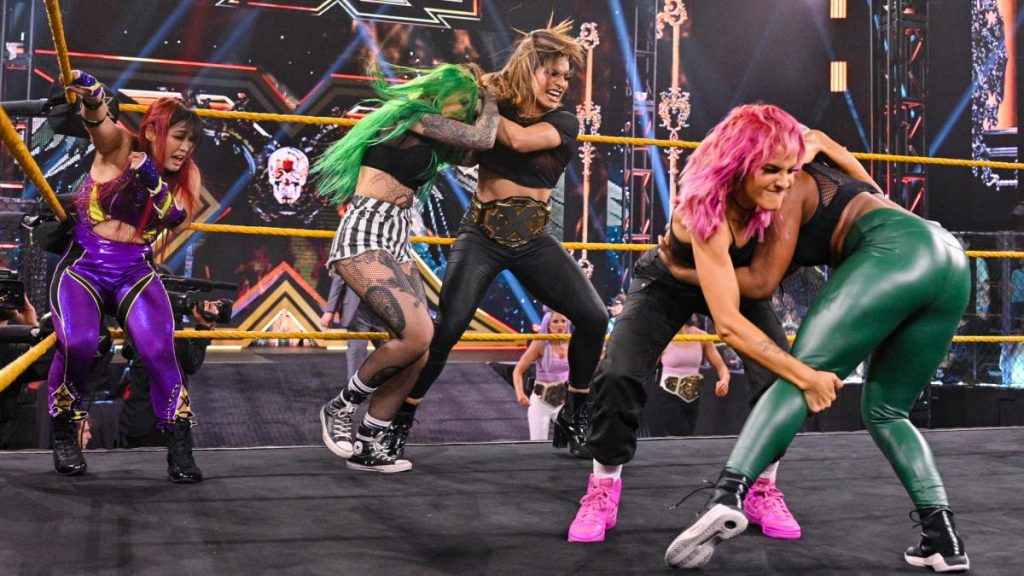 Brawl involving Shotzi Blackheart, Ember Moon, Dakota Kai, Raquel Gonzalez, and Io Shirai