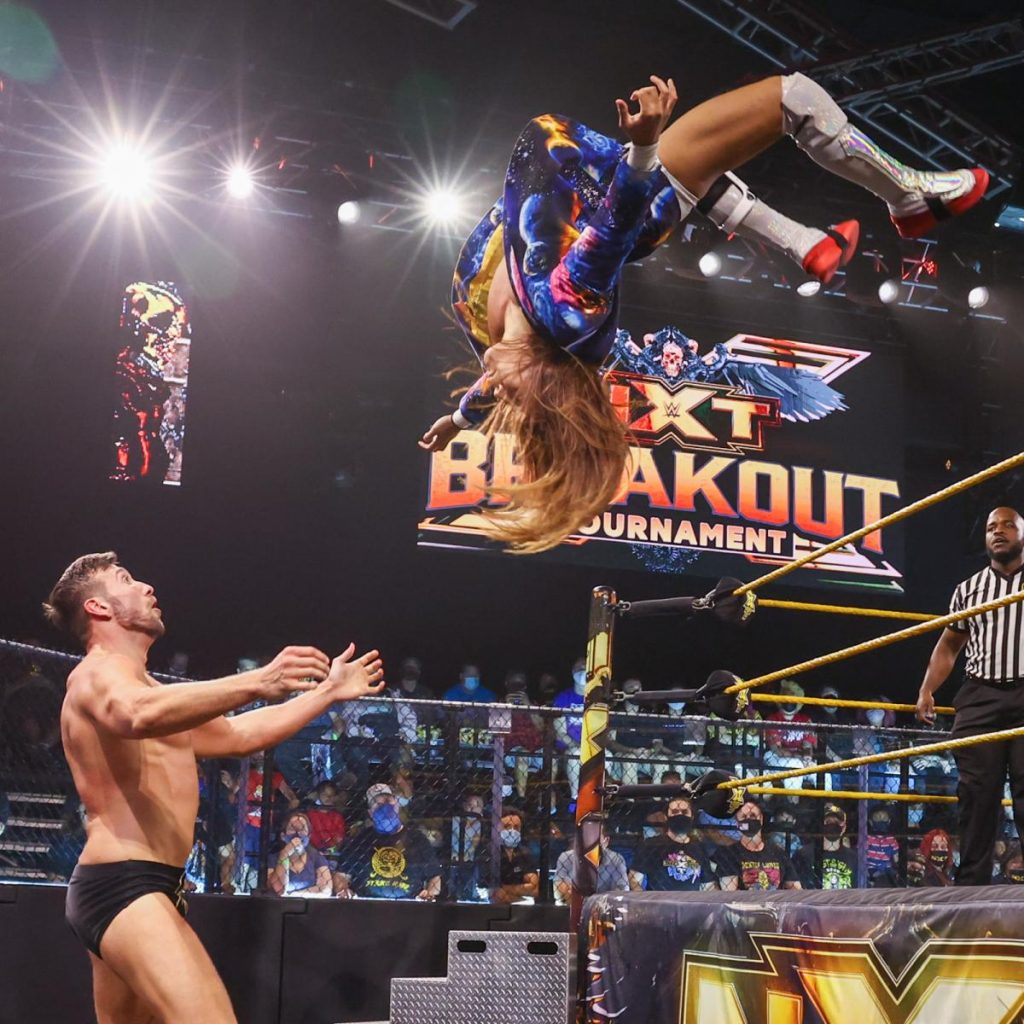 Ikemen Jiro somersaults onto Duke Hudson