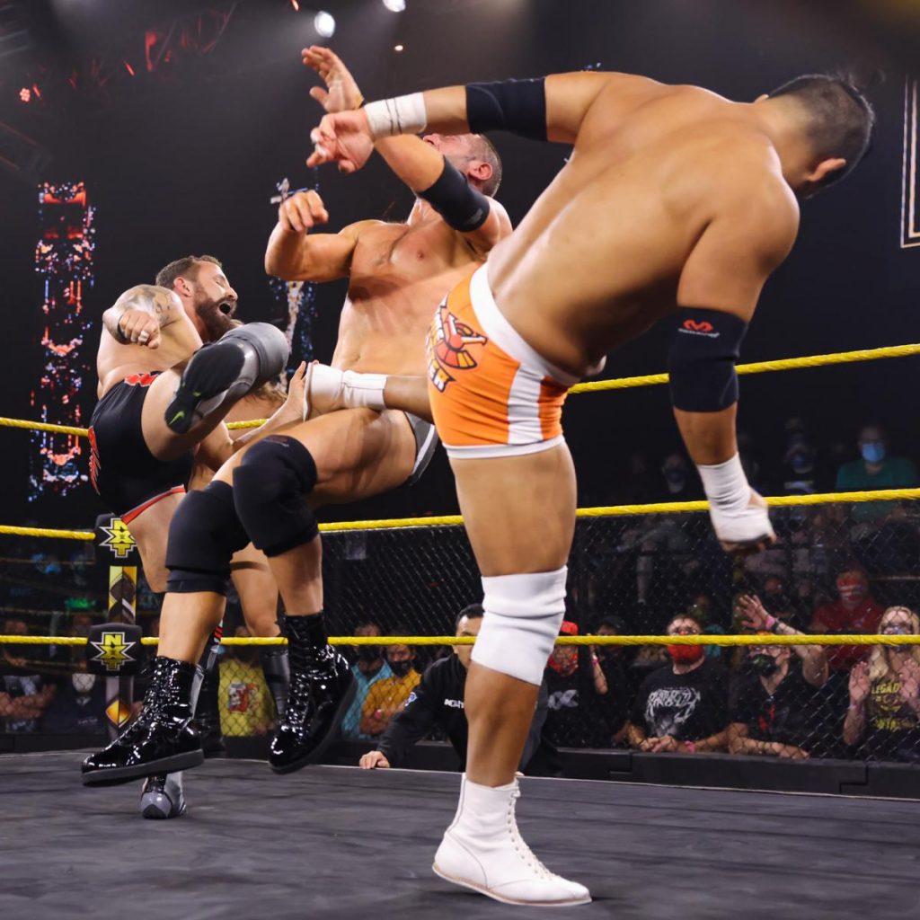 Kushida and Bobby Fish tandem kick Roderick Strong