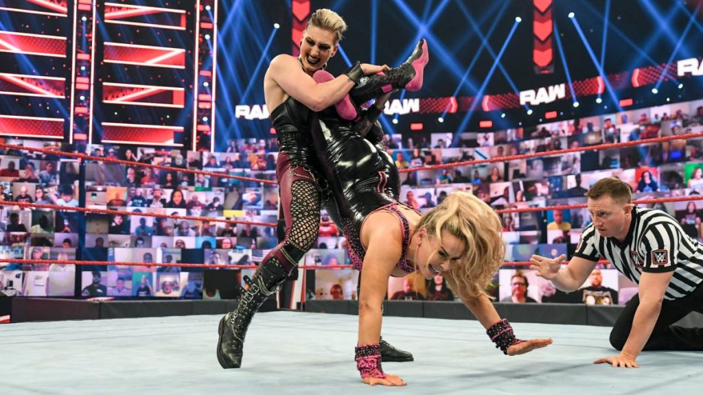 Rhea Ripley tries to submit Natalya