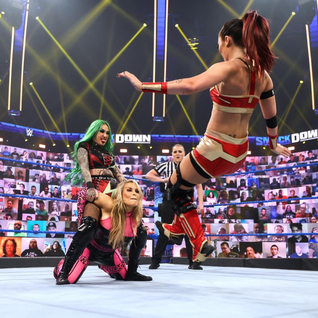 Tegan Nox and SHotzi Blackheart double team Natalya