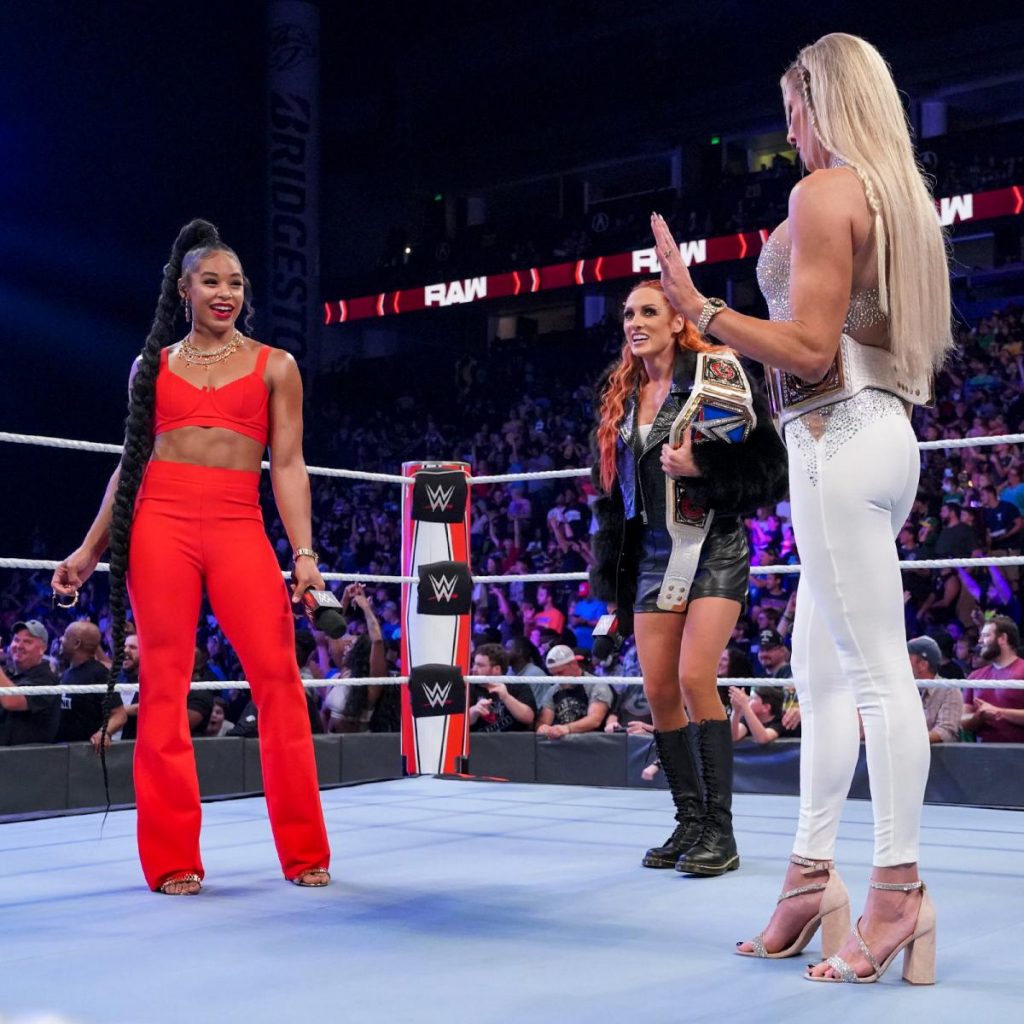 Bianca Belair, Becky Lynch, and Charlotte Flair on Draft night 2