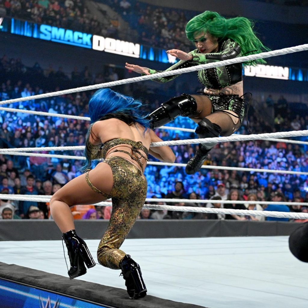 Shotzi kicks Sasha Banks off the apron