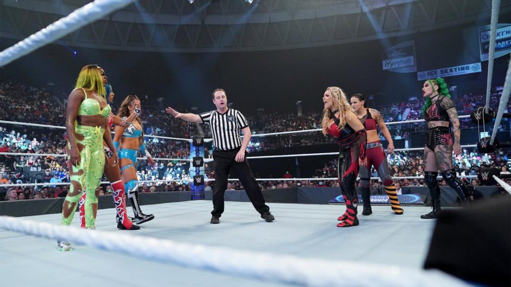 Naomi, Aliyah, and Sasha Banks face off against Natalya, Shayna Baszler, and Shotzi
