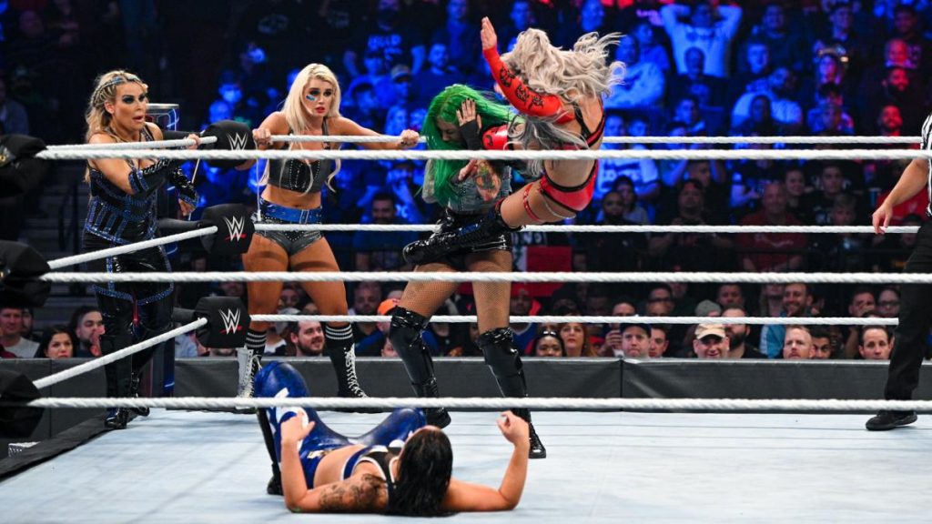 Liv Morgan dropkicks Shotzi in front of Team SmackDown in the Survivor Series Elimination match