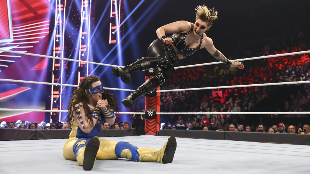 Rhea Ripley dropkicks Nikki A.S.H.