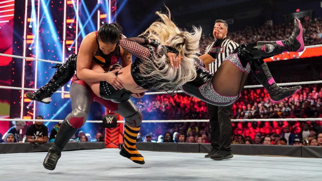 Rhea Ripley and Liv Morgan double team Shayna Baszler